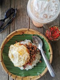 High angle view of breakfast on table