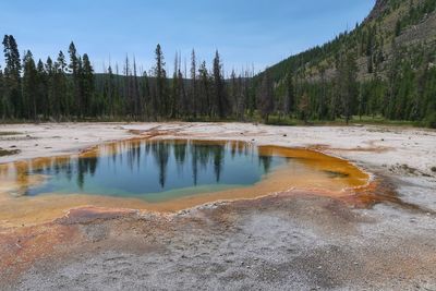 Landscape of multi colored geyser pool in yellowstone national park