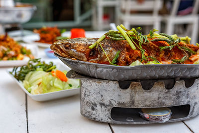 Close-up of food served on table