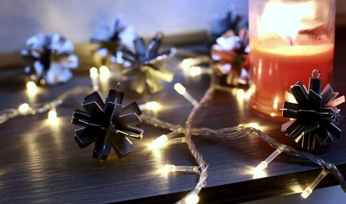 Close-up of christmas decorations on table