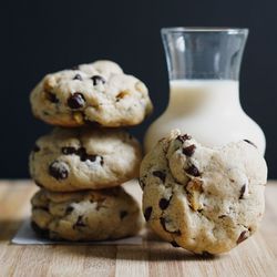 Close-up of cookies and milk on table