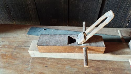 High angle view of work tool at workshop