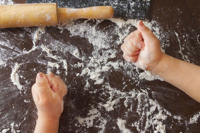 High angle view of person preparing food