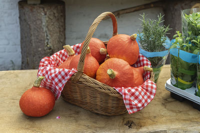 Close-up of fresh fruits in basket on table