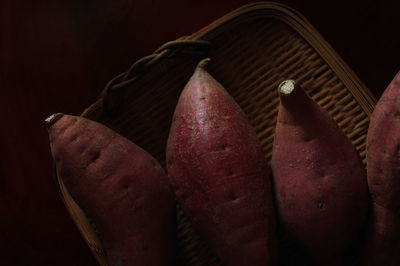 High angle view of vegetables in basket on table
