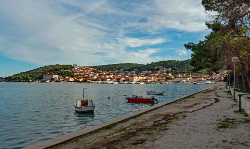 Sailboats moored in harbor