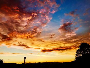 Silhouette trees against dramatic sky during sunset