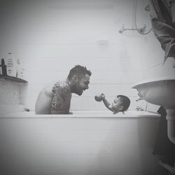 Portrait of children in bathroom at home