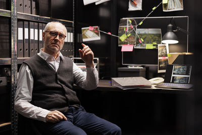 Portrait of young man using mobile phone while sitting in office