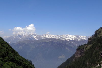 Panoramic view of snowcapped mountains against blue sky