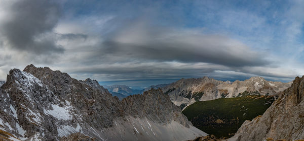 Panoramic view of snowcapped mountains against sky