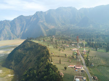 High angle view of landscape against mountains