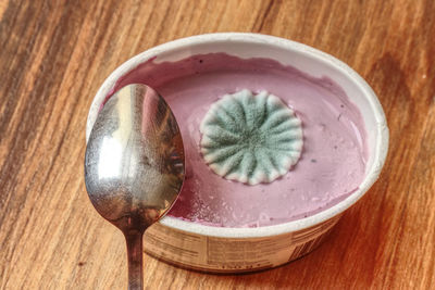 High angle view of ice cream on table