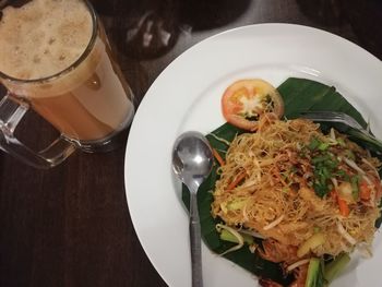 High angle view of food served on table