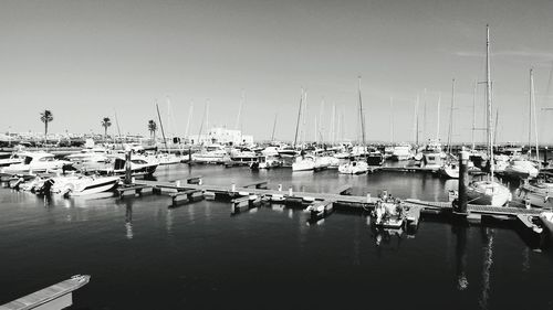 Boats moored in harbor against clear sky