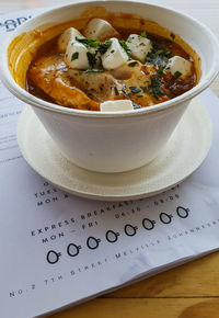 High angle view of soup in bowl on table