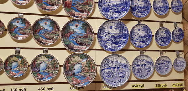 Full frame shot of patterned glass hanging at market stall