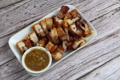 High angle view of food in plate on table