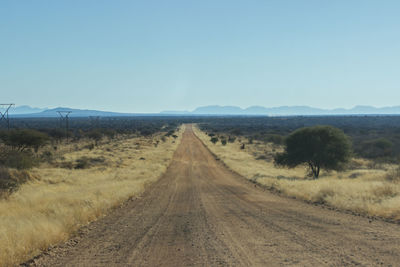 Dirt road amidst landscape against clear sky