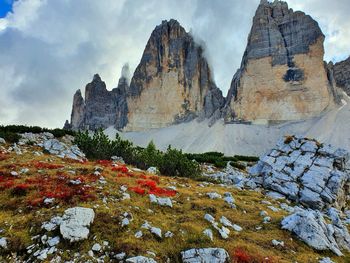 Scenic view of rock formation against sky during winter