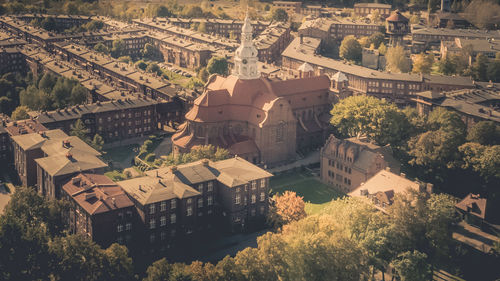 High angle view of old buildings in city