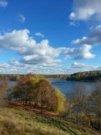 Scenic view of lake against blue sky