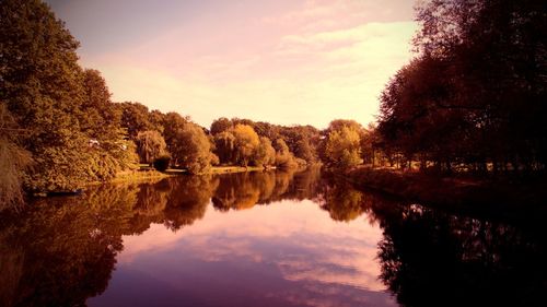 Reflection of trees in lake against sky during sunset