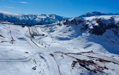 Scenic view of snow covered mountains against sky