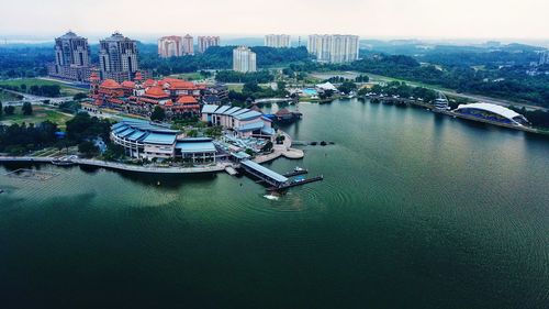 High angle view of city at waterfront