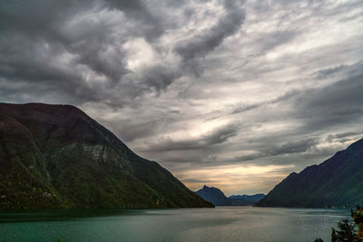 Scenic view of sea and mountains against sky