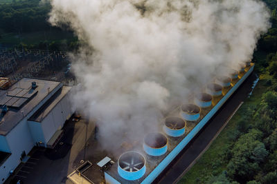 High angle view of smoke emitting from train