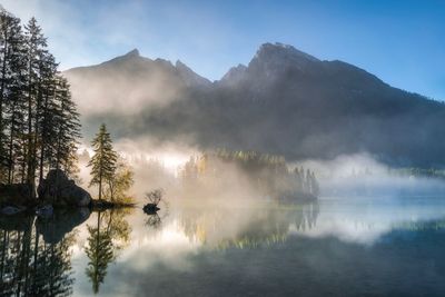 Scenic view of lake by mountains against sky