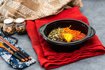 High angle view of food in container on table