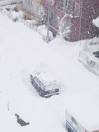 High angle view of snow covered field