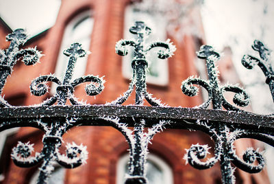 Low angel view of frost on fence against building