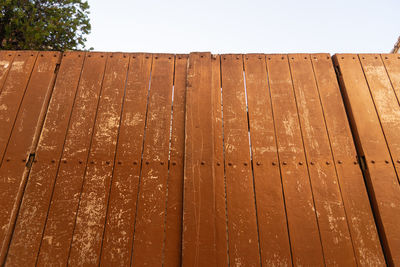 Low angle view of wooden fence against clear sky