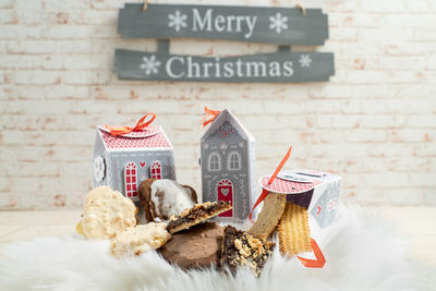 Close-up of christmas decorations on table