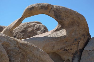 Low angle view of rock formation against clear blue sky