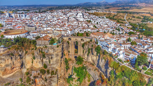 High angle view of townscape ronda. its gorge is a natural monument of andalusia.