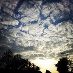 Low angle view of trees against cloudy sky