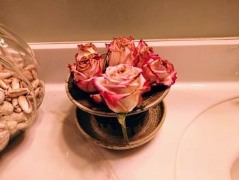 High angle view of rose bouquet on table