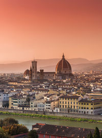 High angle view of townscape against sky during sunset