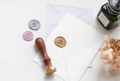 High angle view of coins on table