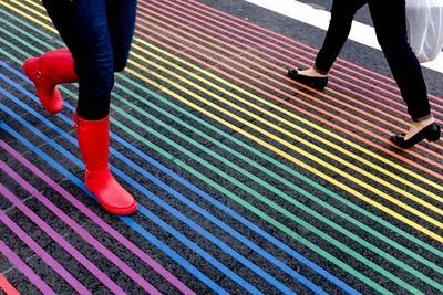 Low section of woman relaxing on tiled floor