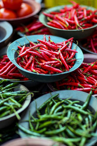 Close-up of chili peppers for sale in market