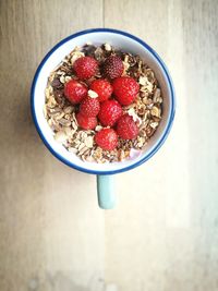 High angle view of strawberries in bowl
