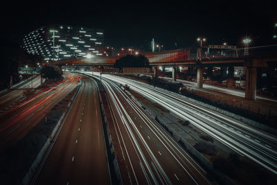 High angle view of light trails on street at night