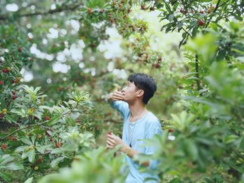 Side view of young man picking berries at farm