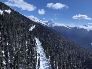 Scenic view of snowcapped mountains above the peak 2 peak gondola in whistler blackcomb ski resort