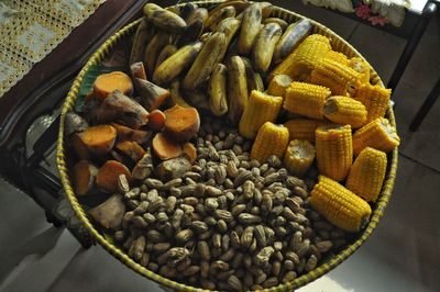 High angle view of fruits in container on table